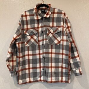 HFX Plaid Shacket Gray Brown Cream Snap Front Women's Size Medium‎ Oversize Fit